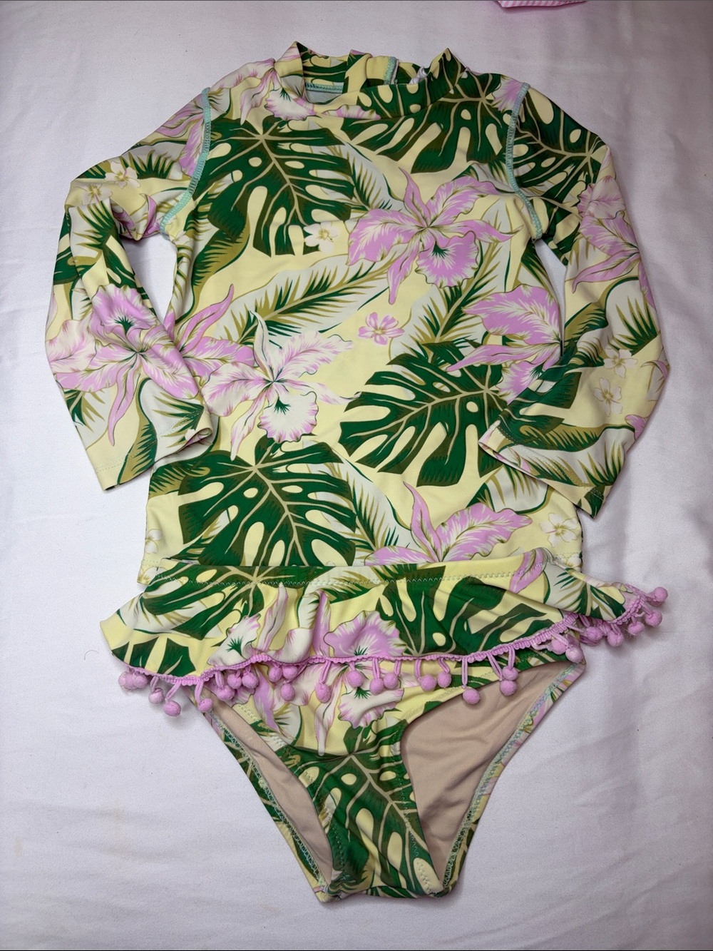 Kids Long Sleeve Tropical Rash Guard Swimsuit - Yellow & Green Floral